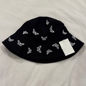 NWT | Black w/ Embroidered White Butterfly Bucket Hat
